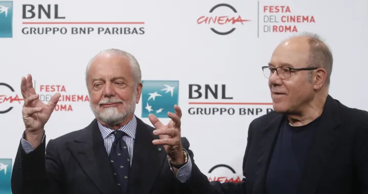 epa09538859 Aurelio De Laurentiis (L) and Carlo Verdone pose during a photocall for 'Vita da Carlo' at the 16th annual Rome International Film Festival, in Rome, Italy, 22 October 2021. The Festa del Cinema di Roma runs from 14 to 24 October 2021. EPA/FABIO FRUSTACI