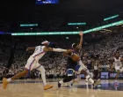 May 26, 2025; Minneapolis, Minnesota, USA; Minnesota Timberwolves guard Anthony Edwards (5) dribbles the ball past Oklahoma City Thunder guard Shai Gilgeous-Alexander (2) in the second half during game four of the western conference finals for the 2025 NBA Playoffs at Target Center. Mandatory Credit: Bruce Kluckhohn-Imagn Images
