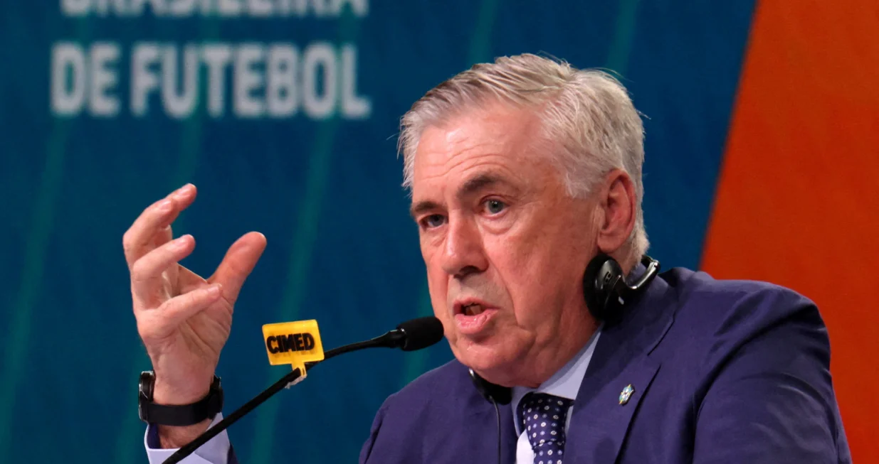 Soccer Football - Brazil unveils new coach Carlo Ancelotti - Grand Hyatt, Rio de Janeiro, Brazil - May 26, 2025 New Brazil coach Carlo Ancelotti during the press conference REUTERS/Ricardo Moraes  TPX IMAGES OF THE DAY