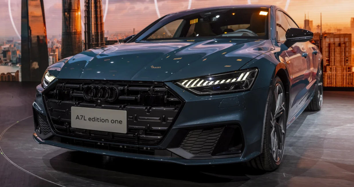 epa09144530 An Audi A7L Edition One car is displayed in the Audi booth during a media preview of the Auto Shanghai 2021 motor show in Shanghai, China, 19 April 2021. The 19th Shanghai international automobile industry exhibition runs from 24 to 28 April. EPA/Alex Plavevski/Alex Plavevski