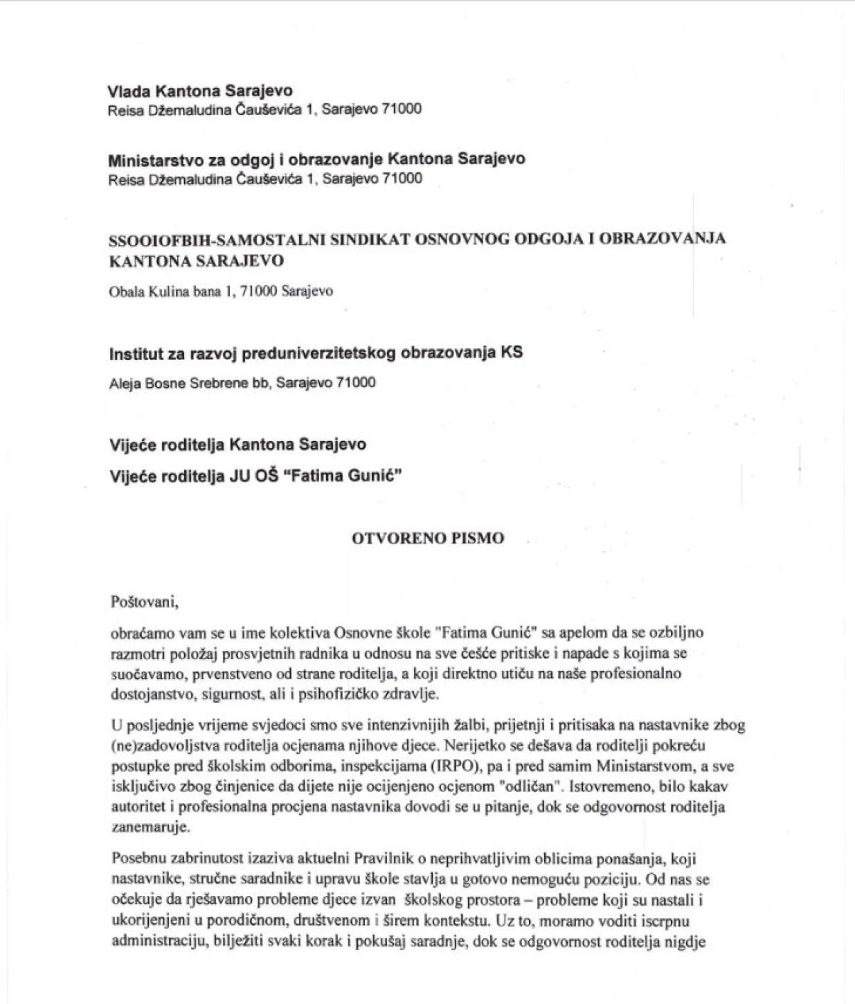 Otvoreno pismo uposlenika JU OŠ fatima Gunića/