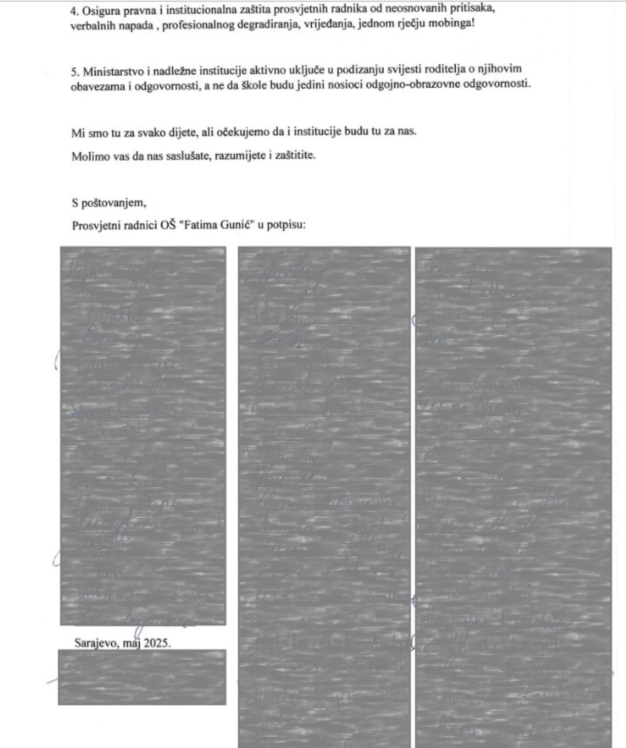 Otvoreno pismo uposlenika JU OŠ fatima Gunića/