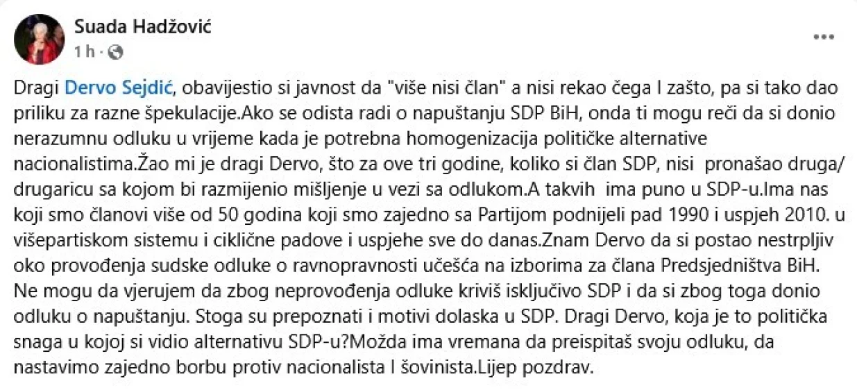 Poruka Suade Hadžović/