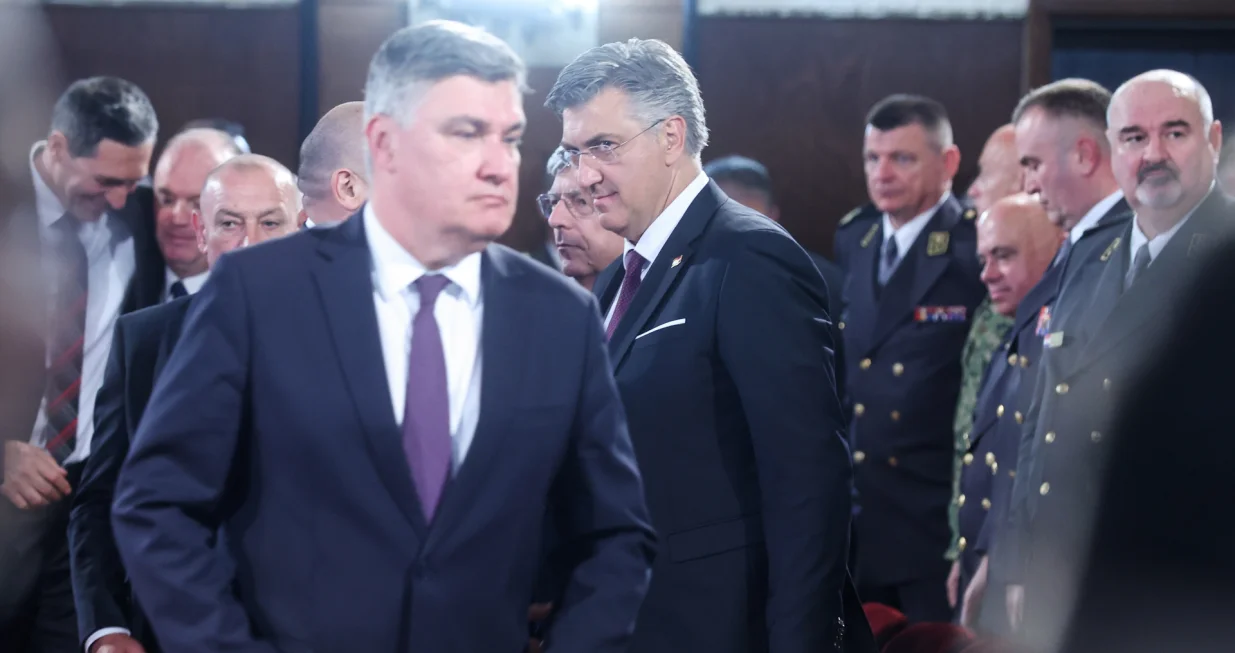 28.05.2025., Zagreb - -Svecana akademija povodom obiljezavanja Dana Hrvatske vojske, Dana Hrvatske kopnene vojske i 34. obljetnice ustrojavanja Hrvatske vojske. potpredsjednik Vlade i ministar branitelja Tomo Medved, Zoran Milanovic, Zeljko Reiner i predsjednik Vlade RH Andrej Plenkovic Photo: Slavko Midzor/PIXSELL/Slavko Midzor/pixsell