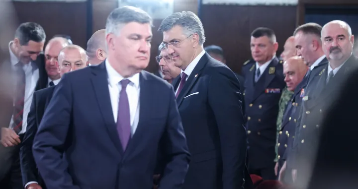 28.05.2025., Zagreb - -Svecana akademija povodom obiljezavanja Dana Hrvatske vojske, Dana Hrvatske kopnene vojske i 34. obljetnice ustrojavanja Hrvatske vojske. potpredsjednik Vlade i ministar branitelja Tomo Medved, Zoran Milanovic, Zeljko Reiner i predsjednik Vlade RH Andrej Plenkovic Photo: Slavko Midzor/PIXSELL/Slavko Midzor/pixsell