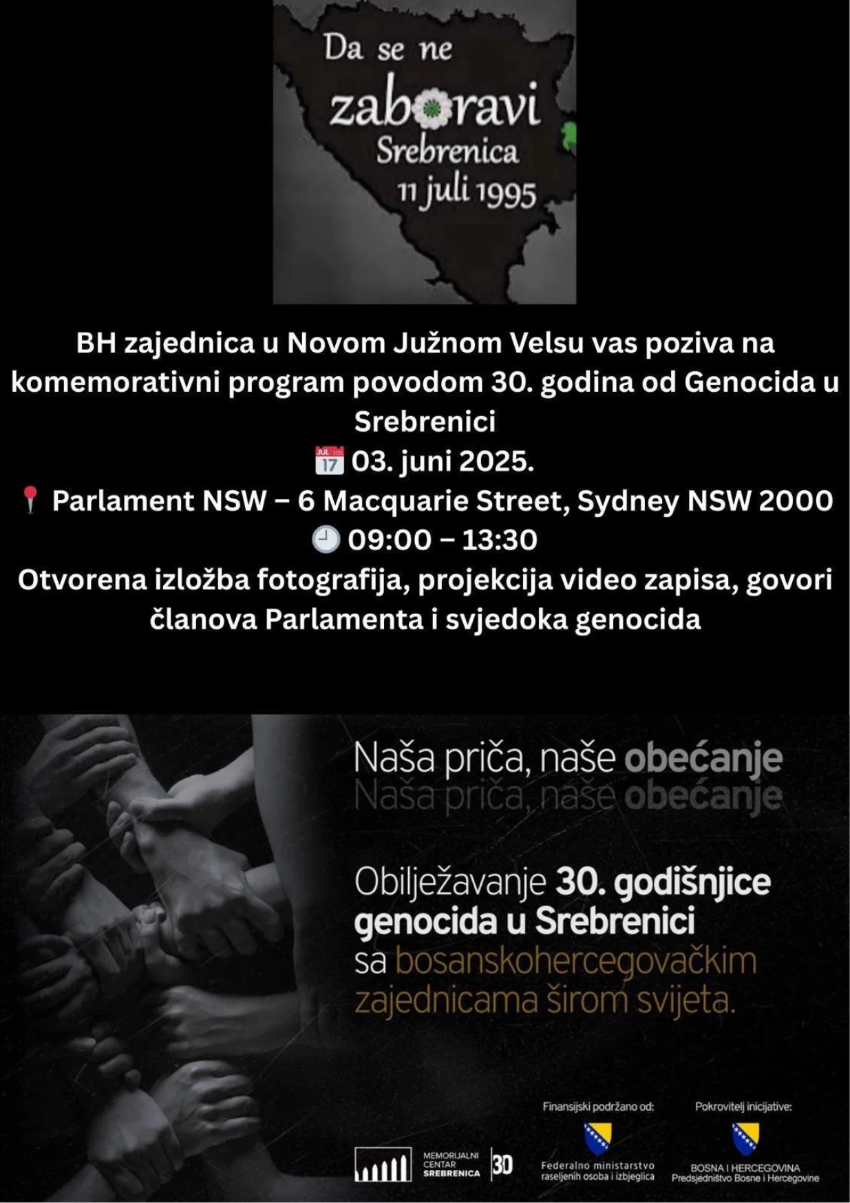 Komemorativni događaj povodom 30. godišnjice genocida u Srebrenici, održat će se u Parlamentu Novog Južnog Velsa u Sydneyu//