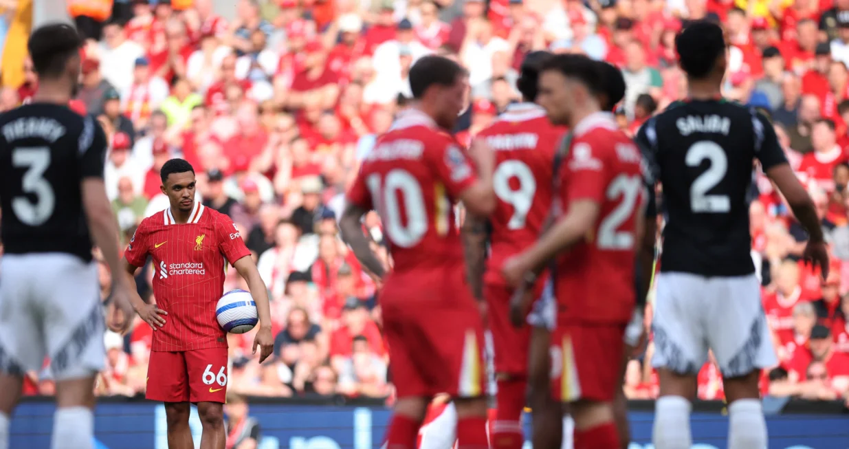 Soccer Football - Premier League - Liverpool v Arsenal - Anfield, Liverpool, Britain - May 11, 2025 Liverpool's Trent Alexander-Arnold before a free kick REUTERS/Phil Noble EDITORIAL USE ONLY. NO USE WITH UNAUTHORIZED AUDIO, VIDEO, DATA, FIXTURE LISTS, CLUB/LEAGUE LOGOS OR 'LIVE' SERVICES. ONLINE IN-MATCH USE LIMITED TO 120 IMAGES, NO VIDEO EMULATION. NO USE IN BETTING, GAMES OR SINGLE CLUB/LEAGUE/PLAYER PUBLICATIONS. PLEASE CONTACT YOUR ACCOUNT REPRESENTATIVE FOR FURTHER DETAILS..