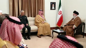 FILE PHOTO: Iran's Supreme Leader Ayatollah Ali Khamenei meets Saudi Defence Minister Prince Khalid bin Salman in Tehran, Iran, April 17, 2025. Office of the Iranian Supreme Leader/WANA (West Asia News Agency)/Handout via REUTERS ATTENTION EDITORS - THIS PICTURE WAS PROVIDED BY A THIRD PARTY./File Photo/Office Of The Iranian Supreme Le