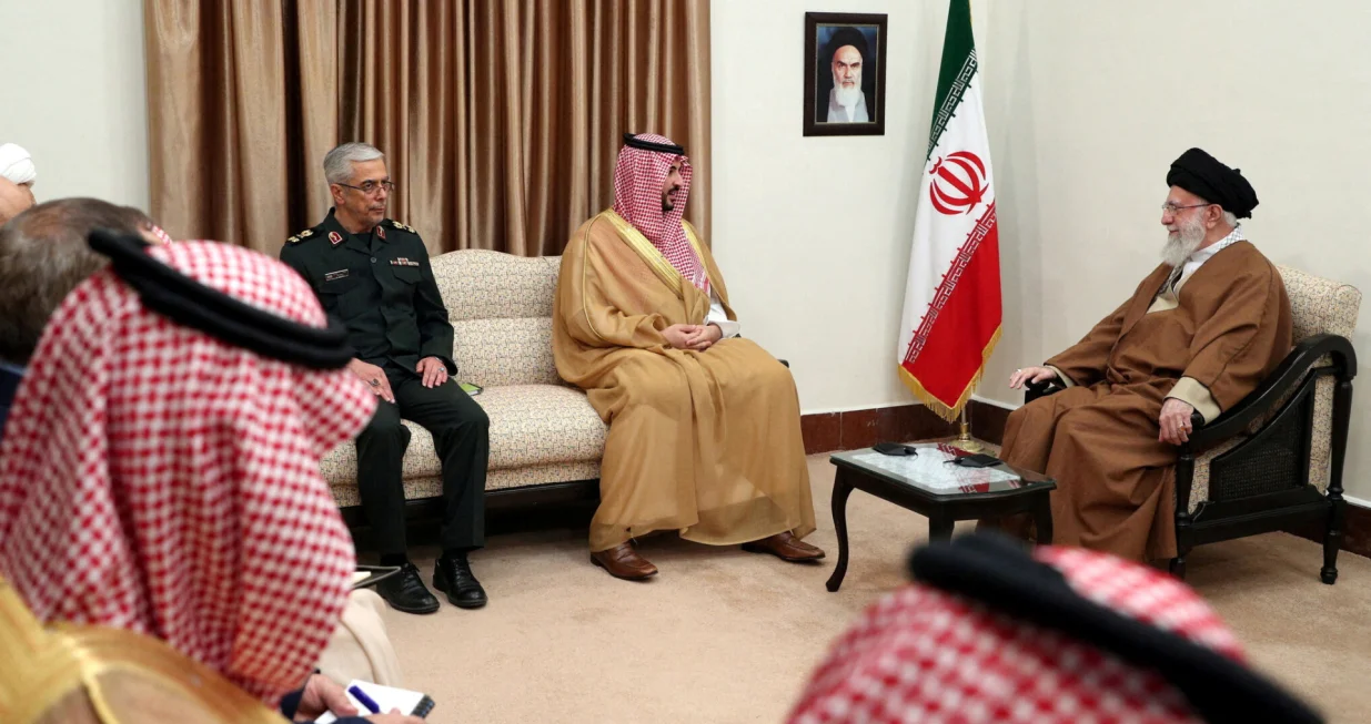 FILE PHOTO: Iran's Supreme Leader Ayatollah Ali Khamenei meets Saudi Defence Minister Prince Khalid bin Salman in Tehran, Iran, April 17, 2025. Office of the Iranian Supreme Leader/WANA (West Asia News Agency)/Handout via REUTERS ATTENTION EDITORS - THIS PICTURE WAS PROVIDED BY A THIRD PARTY./File Photo/Office Of The Iranian Supreme Le