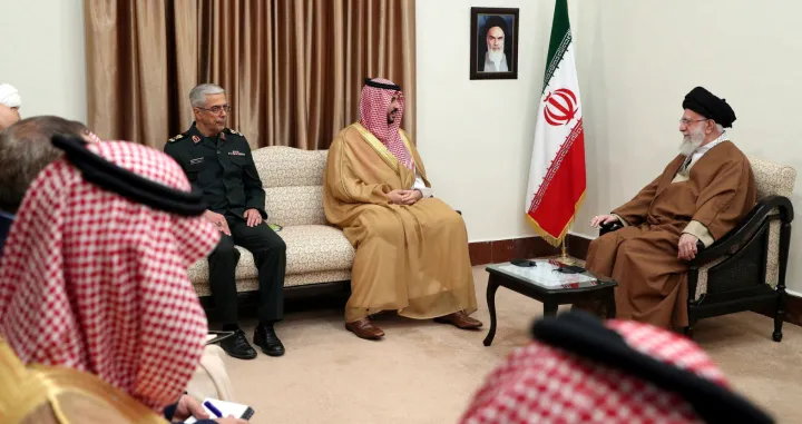 FILE PHOTO: Iran's Supreme Leader Ayatollah Ali Khamenei meets Saudi Defence Minister Prince Khalid bin Salman in Tehran, Iran, April 17, 2025. Office of the Iranian Supreme Leader/WANA (West Asia News Agency)/Handout via REUTERS ATTENTION EDITORS - THIS PICTURE WAS PROVIDED BY A THIRD PARTY./File Photo/Office Of The Iranian Supreme Le