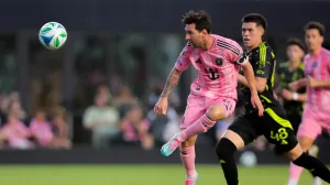 May 31, 2025; Fort Lauderdale, Florida, USA; Inter Miami CF forward Lionel Messi (10) scores against the Columbus Crew during the first half at Chase Stadium. Mandatory Credit: Sam Navarro-Imagn Images