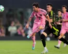 May 31, 2025; Fort Lauderdale, Florida, USA; Inter Miami CF forward Lionel Messi (10) scores against the Columbus Crew during the first half at Chase Stadium. Mandatory Credit: Sam Navarro-Imagn Images