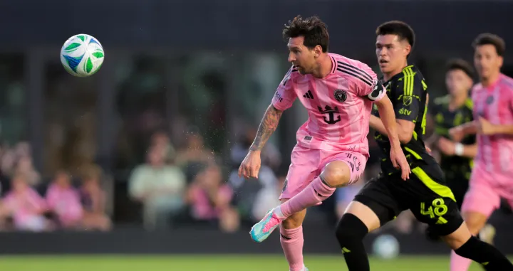 May 31, 2025; Fort Lauderdale, Florida, USA; Inter Miami CF forward Lionel Messi (10) scores against the Columbus Crew during the first half at Chase Stadium. Mandatory Credit: Sam Navarro-Imagn Images