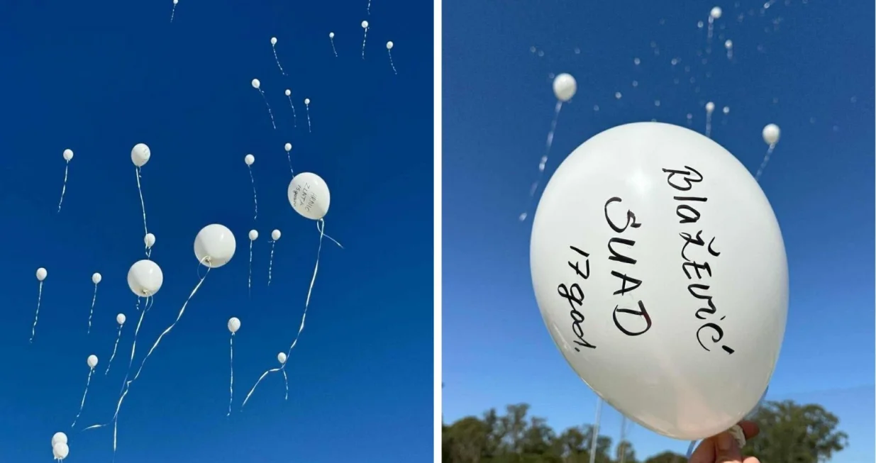 Dan bijelih traka u Sydneyu, bijeli baloni s imenima djece ubijene u Prijedoru/Bosanska Krajina Sydney