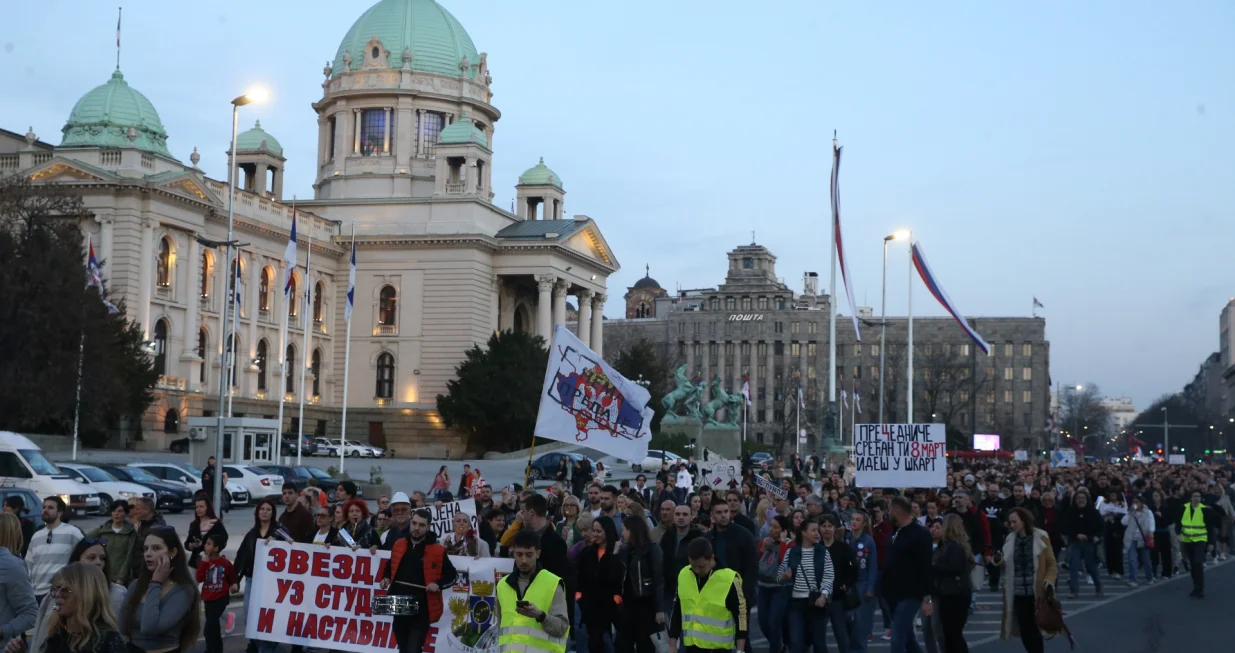 Beograd, Srbija - 8. mart 2025: GraД'ani predvoД'eni studentima nastavili su proteste u Beogradu protiv vlasti. (Filip Stevanovic - Anadolu Agency)/
