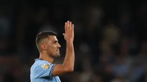 Soccer Football - Premier League - Manchester City v AFC Bournemouth - Etihad Stadium, Manchester, Britain - May 20, 2025 Manchester City's Rodri celebrates after the match REUTERS/Scott Heppell EDITORIAL USE ONLY. NO USE WITH UNAUTHORIZED AUDIO, VIDEO, DATA, FIXTURE LISTS, CLUB/LEAGUE LOGOS OR 'LIVE' SERVICES. ONLINE IN-MATCH USE LIMITED TO 120 IMAGES, NO VIDEO EMULATION. NO USE IN BETTING, GAMES OR SINGLE CLUB/LEAGUE/PLAYER PUBLICATIONS. PLEASE CONTACT YOUR ACCOUNT REPRESENTATIVE FOR FURTHER DETAILS..
