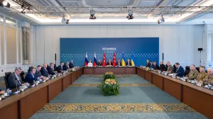 Istanbul, Turska - 2. juni 2025:Trilateralni sastanak delegacija Turske, Rusije i Ukrajine odrЕѕan je u ponedjeljak u Istanbulu u okviru druge runde mirovnih pregovora izmeД'u Moskve i Kijeva uz posredovanje Ankare (Murat GГ¶k - Anadolu Agency)/