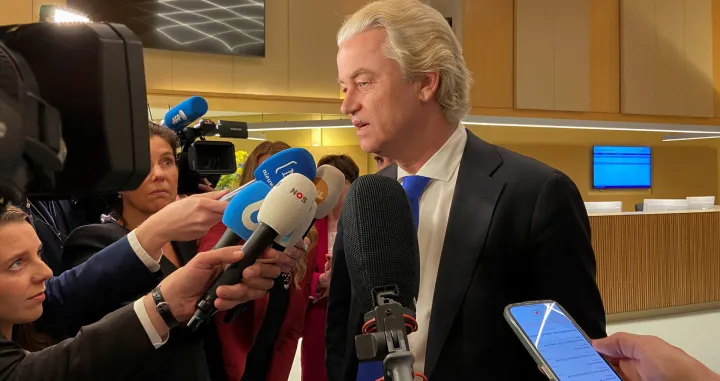 FILE PHOTO: Dutch far-right leader Geert Wilders speaks to media in The Hague, Netherlands after polls closed in an EU election on June 6, 2024. REUTERS/Lewis Macdonald/File Photo/Lewis Macdonald