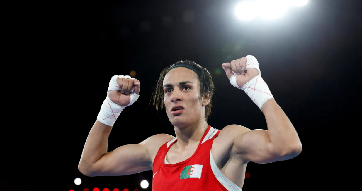 FILE PHOTO: Paris 2024 Olympics - Boxing - Women's 66kg - Final - Roland-Garros Stadium, Paris, France - August 09, 2024. Imane Khelif of Algeria celebrates winning against Liu Yang of China. REUTERS/Peter Cziborra/File Photo