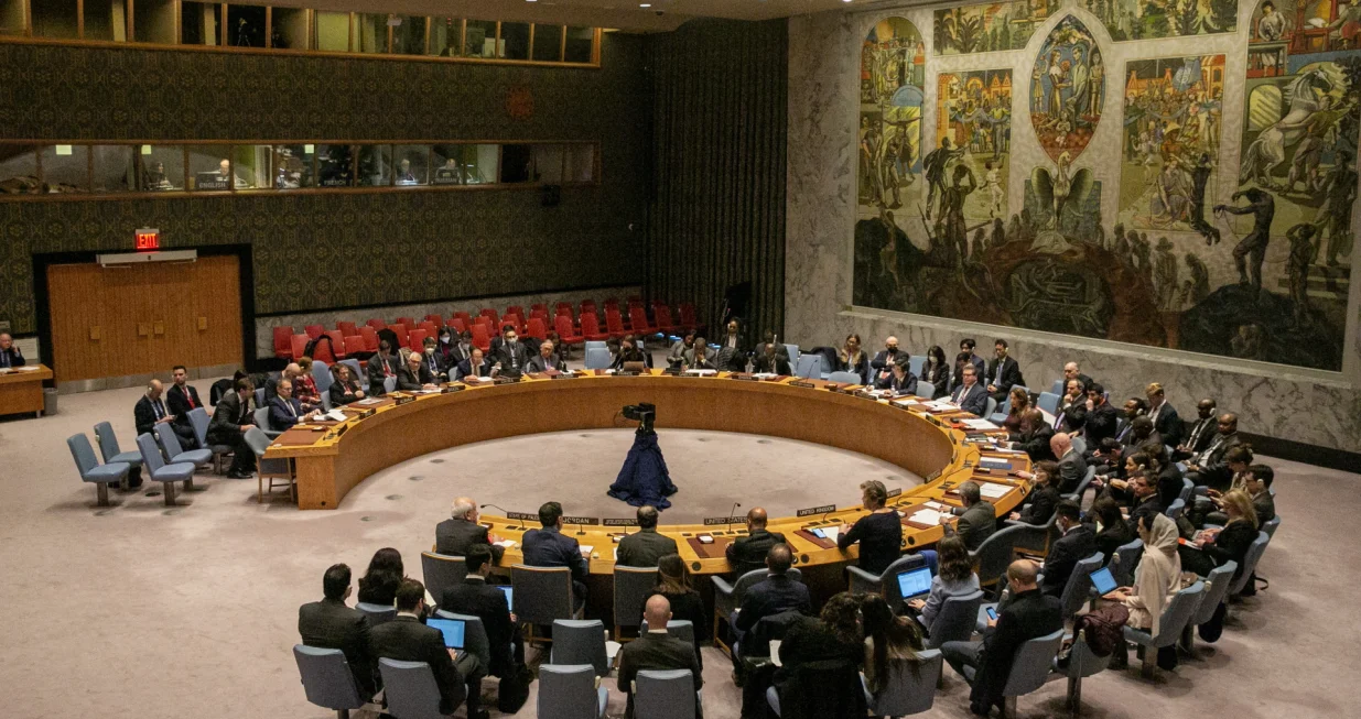 epa10391241 Members of the Security Council hold a meeting about a recent development of the Israeli–Palestinian conflict at the United Nations in New York, New York, USA, 05 January 2023. EPA/SARAH YENESEL/Sarah Yenesel