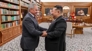 North Korean leader Kim Jong Un shakes hands with Russia's Secretary of the Security Council Sergei Shoigu in Pyongyang, North Korea, June 4, 2025, in this picture released by the Korean Central News Agency. KCNA via REUTERS ATTENTION EDITORS - THIS IMAGE WAS PROVIDED BY A THIRD PARTY. REUTERS IS UNABLE TO INDEPENDENTLY VERIFY THIS IMAGE. NO THIRD PARTY SALES. SOUTH KOREA OUT. NO COMMERCIAL OR EDITORIAL SALES IN SOUTH KOREA.  TPX IMAGES OF THE DAY/Kcna