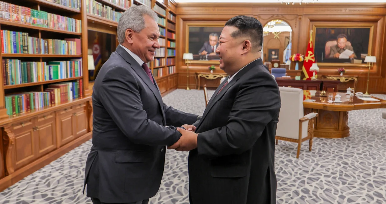North Korean leader Kim Jong Un shakes hands with Russia's Secretary of the Security Council Sergei Shoigu in Pyongyang, North Korea, June 4, 2025, in this picture released by the Korean Central News Agency. KCNA via REUTERS ATTENTION EDITORS - THIS IMAGE WAS PROVIDED BY A THIRD PARTY. REUTERS IS UNABLE TO INDEPENDENTLY VERIFY THIS IMAGE. NO THIRD PARTY SALES. SOUTH KOREA OUT. NO COMMERCIAL OR EDITORIAL SALES IN SOUTH KOREA.  TPX IMAGES OF THE DAY/Kcna