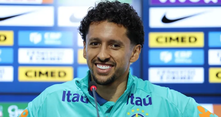 Soccer Football - World Cup - South American Qualifiers - Brazil Press Conference - CT Joaquim Grava, Sao Paulo, Brazil - June 3, 2025 Brazil's Marquinhos during a press conference REUTERS/Jorge Silva