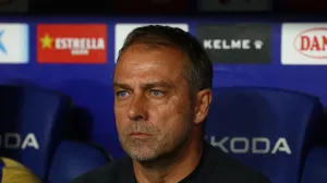 Soccer Football - LaLiga - Espanyol v FC Barcelona - RCDE Stadium, Cornella de Llobregat, Spain - May 15, 2025 FC Barcelona coach Hansi Flick looks on REUTERS/Albert Gea