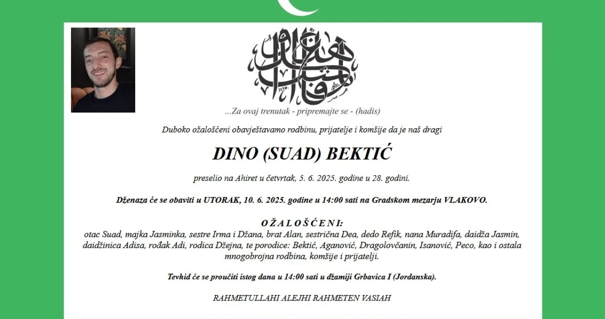 Dino Bektić smrtovnica/