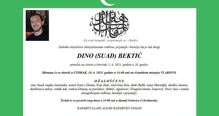 Dino Bektić smrtovnica/
