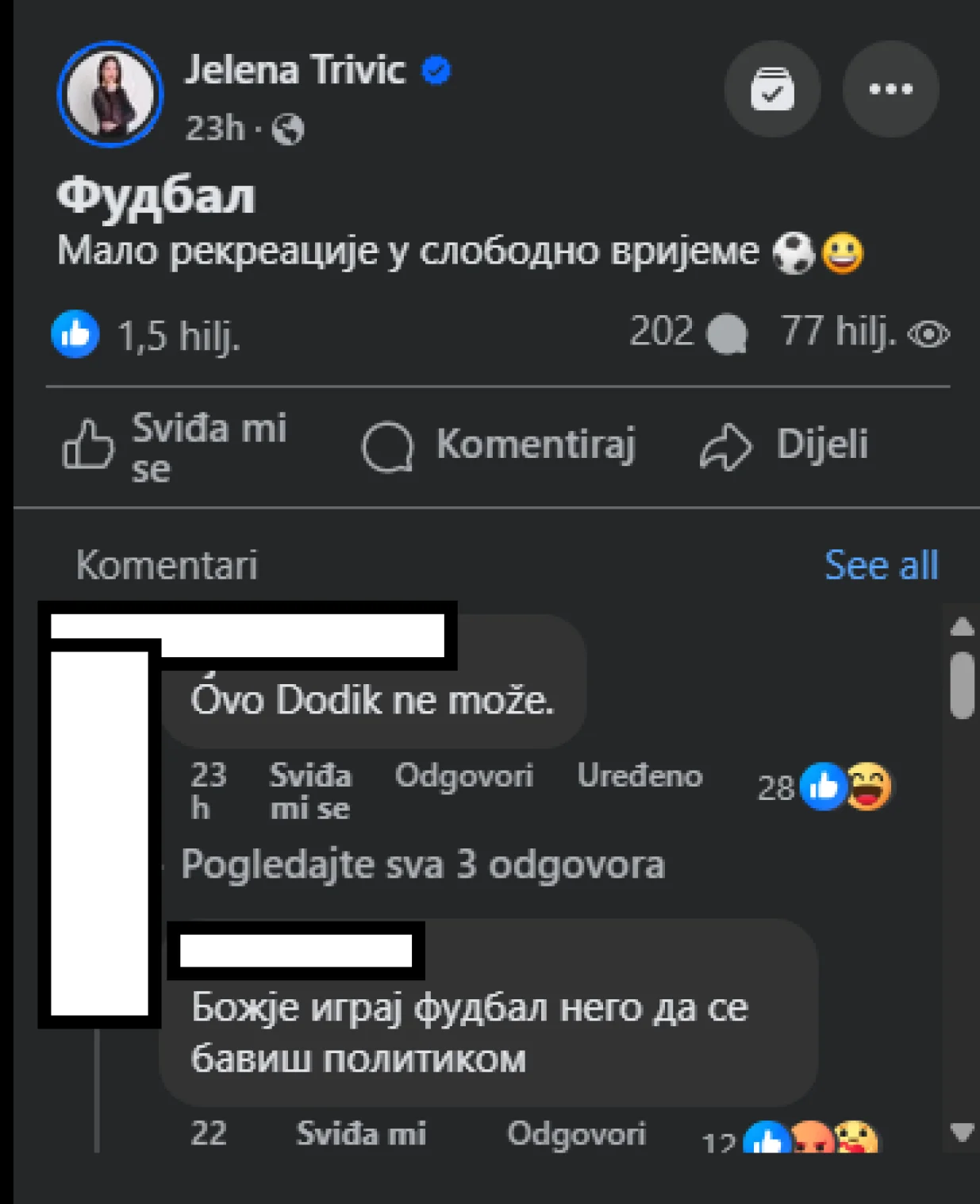 Komentari na objavu (FOTO: Screenshot)
