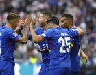 Soccer Football - Nations League - Third Place Play Off Match - Germany v France - MHPArena, Stuttgart, Germany - June 8, 2025 France's Kylian Mbappe celebrates scoring their first goal with Rayan Cherki, Lucas Digne and Lucas Hern
