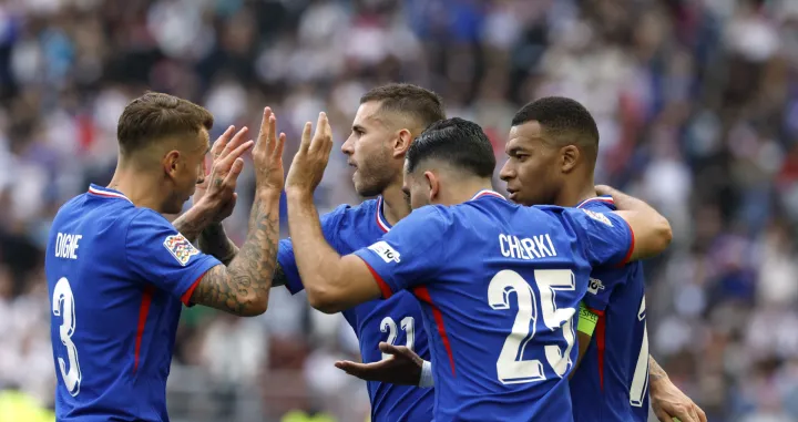 Soccer Football - Nations League - Third Place Play Off Match - Germany v France - MHPArena, Stuttgart, Germany - June 8, 2025 France's Kylian Mbappe celebrates scoring their first goal with Rayan Cherki, Lucas Digne and Lucas Hern
