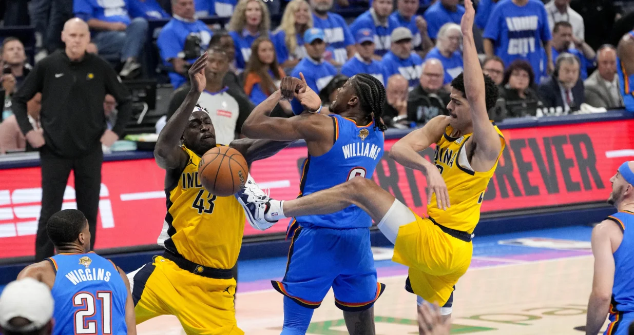 Jun 8, 2025; Oklahoma City, Oklahoma, USA; Indiana Pacers forward Pascal Siakam (43) and Oklahoma City Thunder forward Jalen Williams (8) battle for the ball during the fourth quarter of game two of the 2025 NBA Finals at Paycom Center. Mandatory Credit: Kyle Terada-Imagn Images