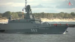 A still image from a video released by the Russian Defence Ministry shows the small-size missile ship Zeleniy Dol, that is said to be involved in naval drills in the Baltic Sea, as it leaves a permanent base at an unknown location in Russia, in this image taken from handout footage released May 27, 2025. Russian Defence Ministry/Handout via REUTERS ATTENTION EDITORS - THIS IMAGE HAS BEEN SUPPLIED BY A THIRD PARTY. NO RESALES. NO ARCHIVES. MANDATORY CREDIT. WATERMARK FROM SOURCE./Russian Defence Ministry