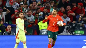 Soccer Football - Nations League - Final - Portugal v Spain - Allianz Arena, Munich, Germany - June 8, 2025 Portugal's Cristiano Ronaldo celebrates scoring their second goal REUTERS/Kai Pfaffenbach
