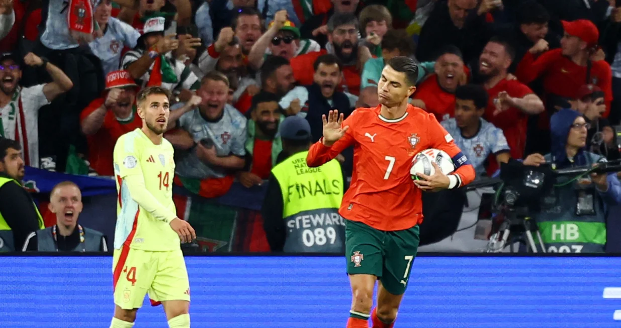 Soccer Football - Nations League - Final - Portugal v Spain - Allianz Arena, Munich, Germany - June 8, 2025 Portugal's Cristiano Ronaldo celebrates scoring their second goal REUTERS/Kai Pfaffenbach