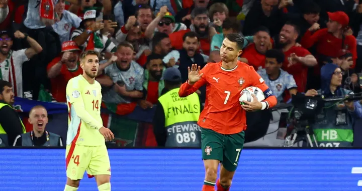 Soccer Football - Nations League - Final - Portugal v Spain - Allianz Arena, Munich, Germany - June 8, 2025 Portugal's Cristiano Ronaldo celebrates scoring their second goal REUTERS/Kai Pfaffenbach