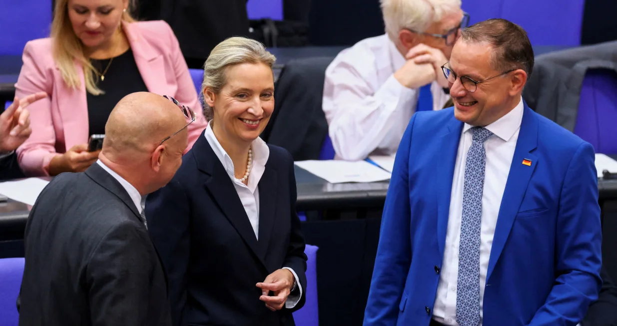 Alice Weidel and Tino Chrupalla, co-leaders of the far-right party Alternative for Germany (AfD), attend a plenum session of the lower house of parliament, the Bundestag, in Berlin, Germany June 5, 2025. REUTERS/Christian Mang/Christian Mang