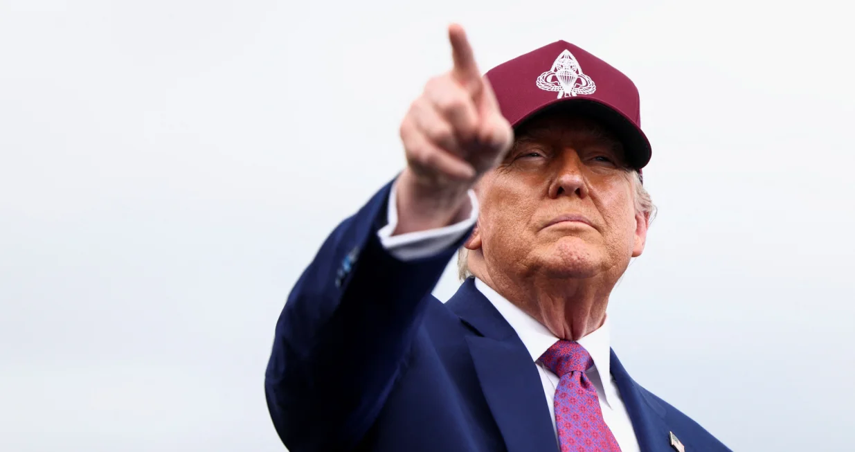 U.S. President Donald Trump points a finger as he delivers remarks during a rally in Fort Bragg, North Carolina, U.S., June 10, 2025. REUTERS/Evelyn Hockstein/Evelyn Hockstein