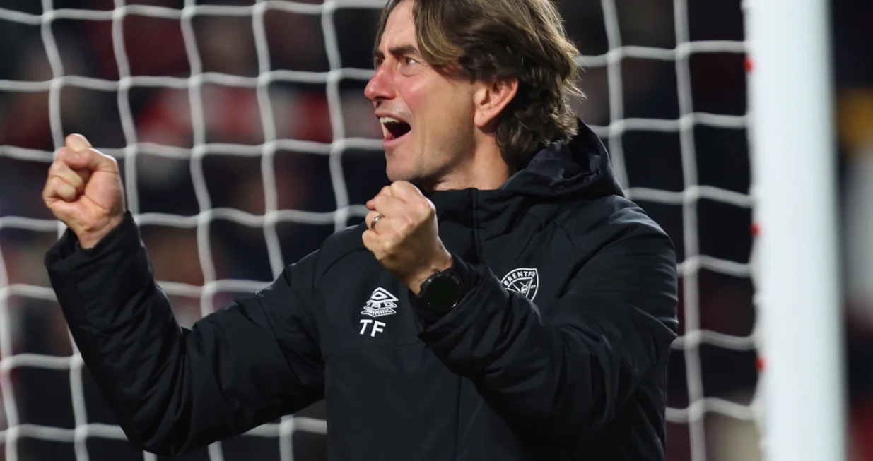 epa10386726 Head coach of Brentford Thomas Frank greets the fans after the English Premier League soccer match between Brentford FC and Liverpool FC in Brentford, Britain, 02 January 2023. EPA/Kieran Galvin EDITORIAL USE ONLY. No use with unauthorized audio, video, data, fixture lists, club/league logos or 'live' services. Online in-match use limited to 120 images, no video emulation. No use in betting, games or single club/league/player publications