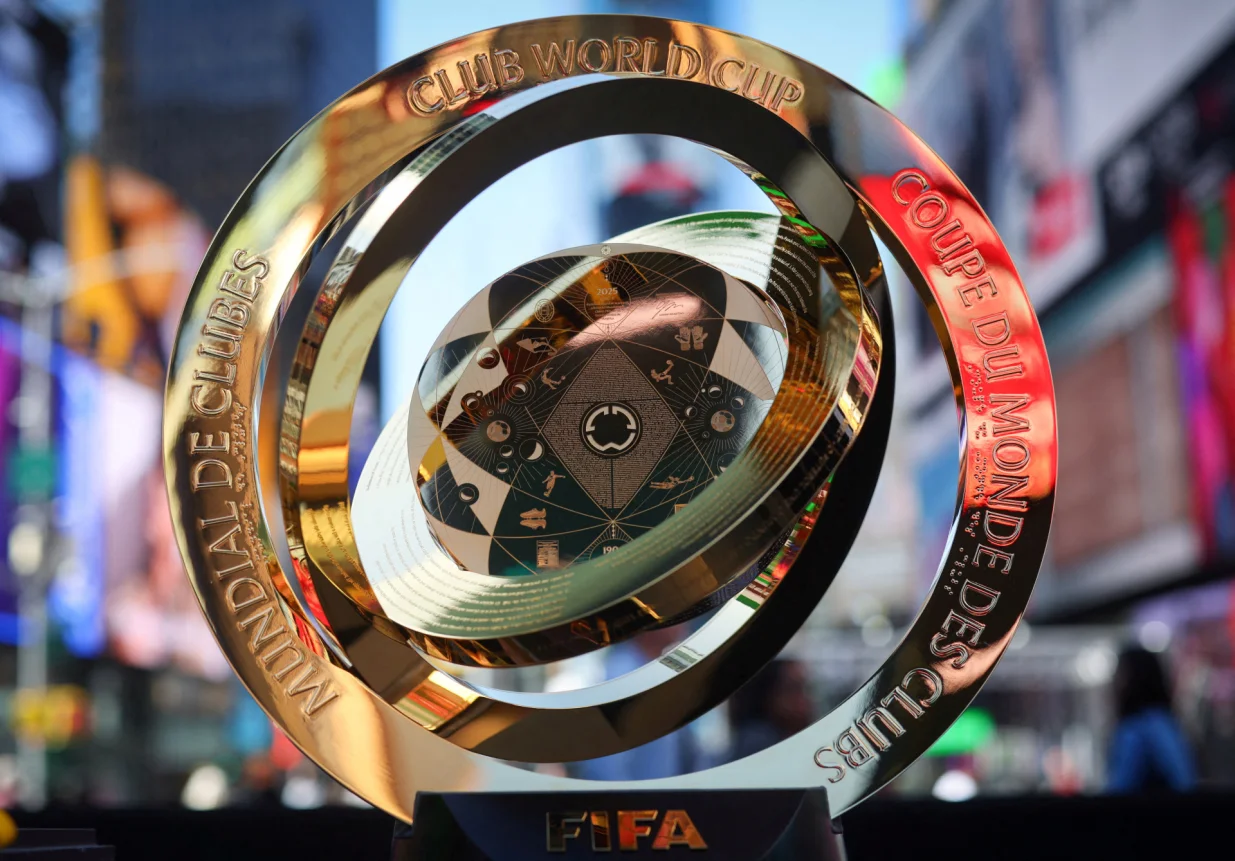 FILE PHOTO: The FIFA Club World Cup 2025 winners trophy is displayed in Times Square ahead of the tournament featuring 32 teams and 63 matches, spread across 12 stadiums in 11 U.S. cities in June and July, in New York City, U.S., May 20, 2025. REUTERS/Mike Segar/File Photo