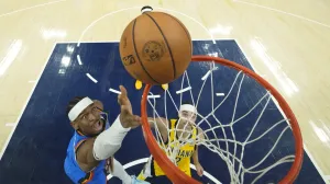 Jun 13, 2025; Indianapolis, Indiana, USA; Oklahoma City Thunder guard Shai Gilgeous-Alexander (2) shoots the ball against the Indiana Pacers during the first half during game four of the 2025 NBA Finals at Gainbridge Fieldhouse. Mandatory Credit: Kyle Terada-Imagn Images