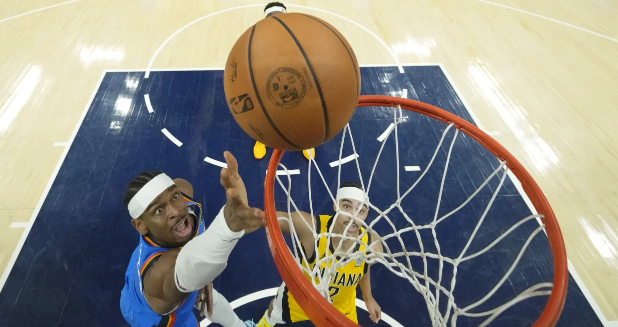 Jun 13, 2025; Indianapolis, Indiana, USA; Oklahoma City Thunder guard Shai Gilgeous-Alexander (2) shoots the ball against the Indiana Pacers during the first half during game four of the 2025 NBA Finals at Gainbridge Fieldhouse. Mandatory Credit: Kyle Terada-Imagn Images