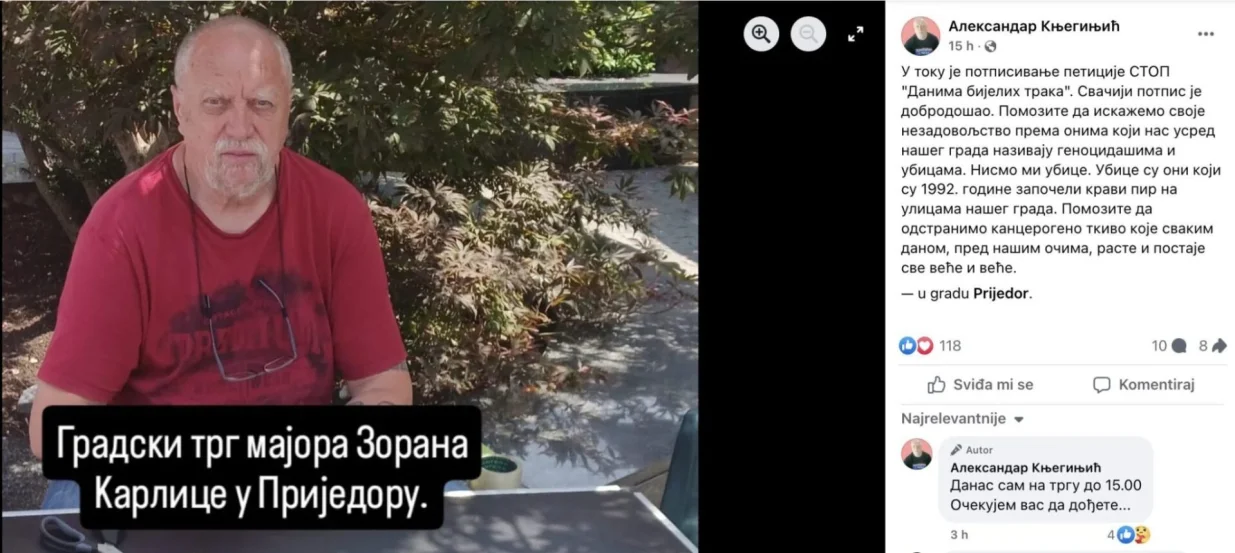 Aleksandar Knjeginjić, ratni zločinac iz Prijedora, traži zabranu Dana bijelih traka/Detektor.ba