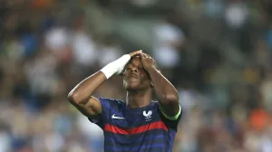 epa09990145 Mathys Tel of France reacts during the UEFA European Under-17 Championship final soccer match between France and The Netherlands in Netanya, Israel, 01 June 2022. EPA/ABIR SULTAN