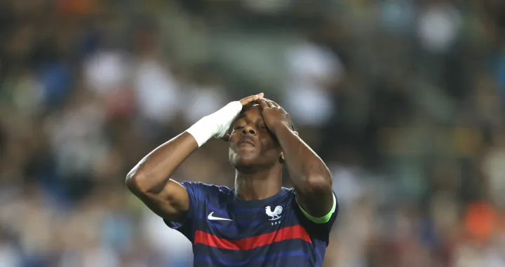 epa09990145 Mathys Tel of France reacts during the UEFA European Under-17 Championship final soccer match between France and The Netherlands in Netanya, Israel, 01 June 2022. EPA/ABIR SULTAN