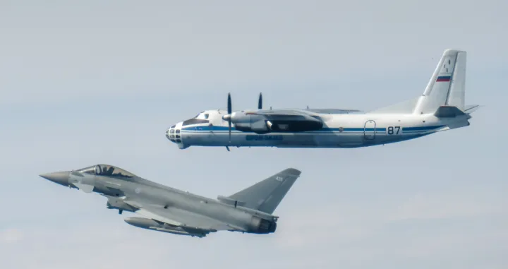 Image shows: Russian AN-30 "CLANK" intercepted by Royal Air Force Typhoon, based at 22 Tactical Air Base on the 5th of June 2025.RAF Typhon FGR4 Aircraft intercept multiple Russian Aircraft during enhanced Air Policing sortie.This week, two Royal Air Force Typhoons were scrambled twice in three days, from Malbork Air Base, to intercept unknown aircraft leaving Kaliningrad air space and close to NATO airspace.Images captured by Royal Air Force Pilot./Cpl Jake Hobbs Raf