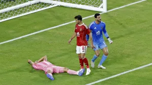 Soccer Football - Club World Cup - Group A - Al Ahly v Inter Miami CF - Hard Rock Stadium, Miami Gardens, Florida, U.S. - June 14, 2025 Inter Miami CF's Luis Suarez reacts after missing a chance to score REUTERS/Marco Bello