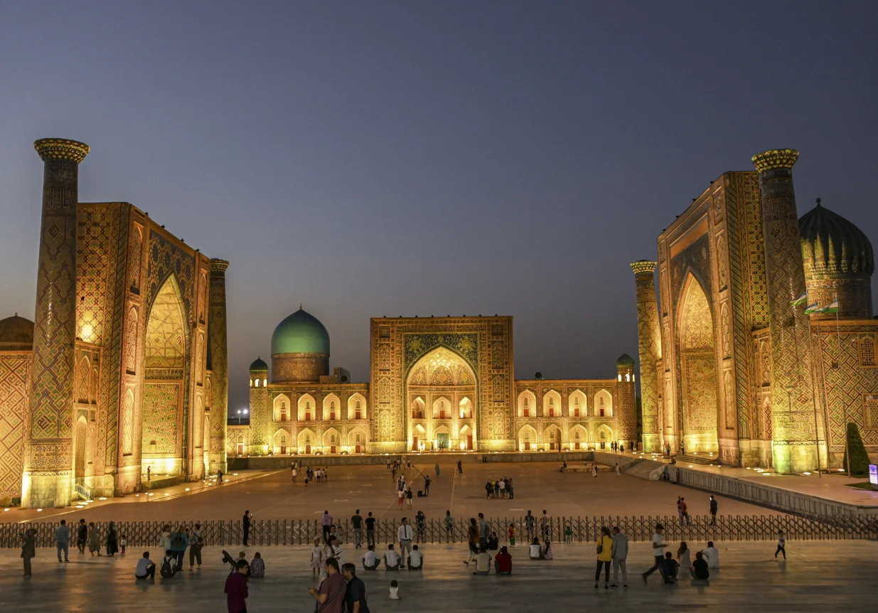 epa10183279 A undated handout photo made available by the Foreign Ministry of Uzbekistan on 14 September 2022 shows people walking in Registan Square in downtown Samarkand, Uzbekistan. Samarkand hosts the Shanghai Cooperation Organisation (SCO) summit, held from 15-16 September, an international alliance founded in 2001 in Shanghai and composed of China, India, Kazakhstan, Kyrgyzstan, Russia, Pakistan, Tajikistan, Uzbekistan and four Observer States interested in acceding to full membership - Afghanistan, Belarus, Iran, and Mongolia. EPA/FOREIGN MINISTRY OF UZBEKISTAN/HANDOUT HANDOUT HANDOUT EDITORIAL USE ONLY/NO SALES/Foreign Ministry Of Uzbekistan/handout Handout